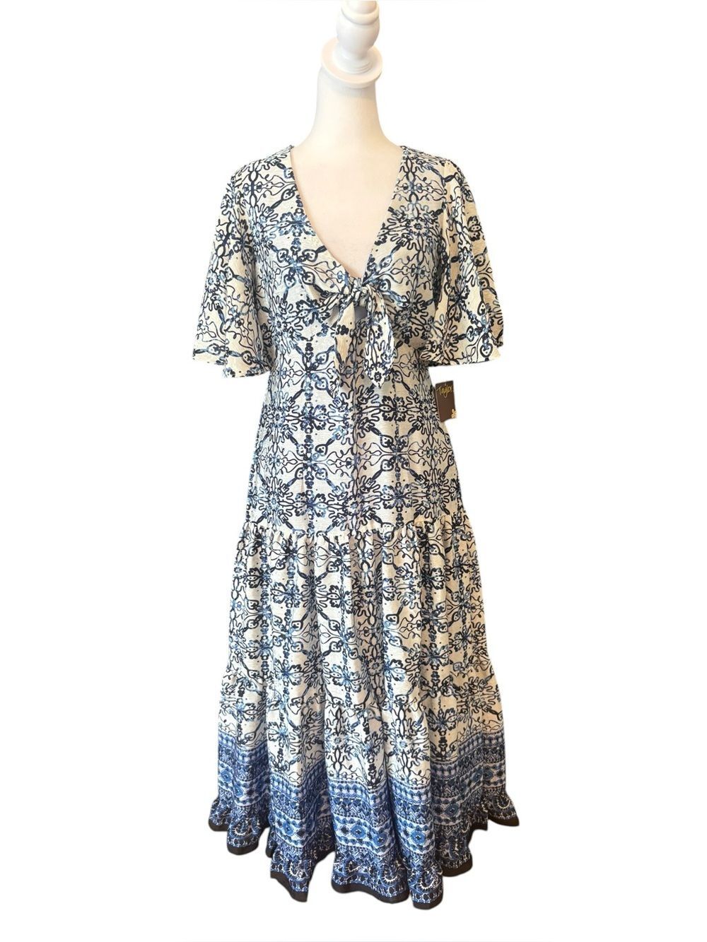 Taylor Midi Dress Blue White Jacquard Flutter Sleeve Cut Out Womens Size 8 NEW